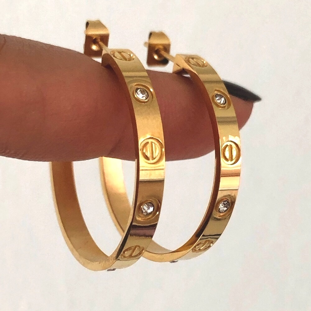 Gold Screw Earrings Zirconia Hoops - Picture 14 of 17